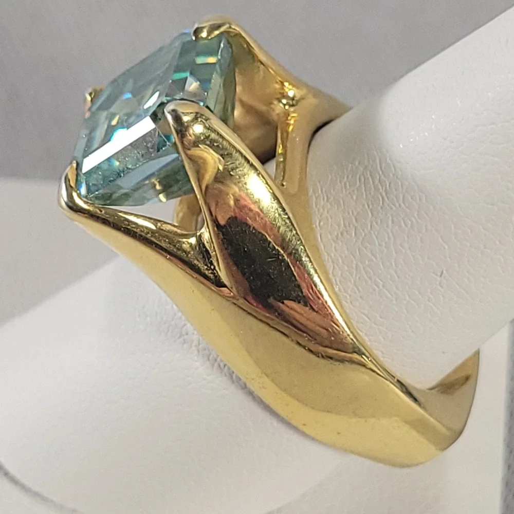 Sterling Silver Moissanite Ring Gold Vermeil 12mm Statement 925 Blue Green Aqua